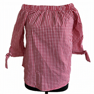 REVAMPED red and white gingham 100% cotton off shoulder blouse. Size XS